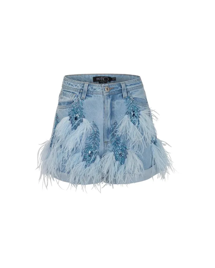 Ready To Wear Beaded Feather Denim Shorts EXCLUSIVE PatBO Bottoms