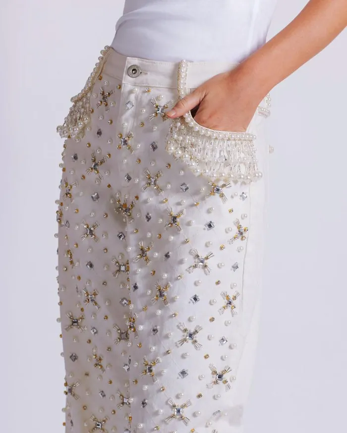 Ready To Wear Beaded Wide Leg Jeans PatBO Bottoms