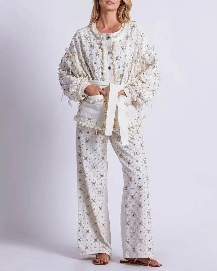 Ready To Wear Beaded Wide Leg Jeans PatBO Bottoms