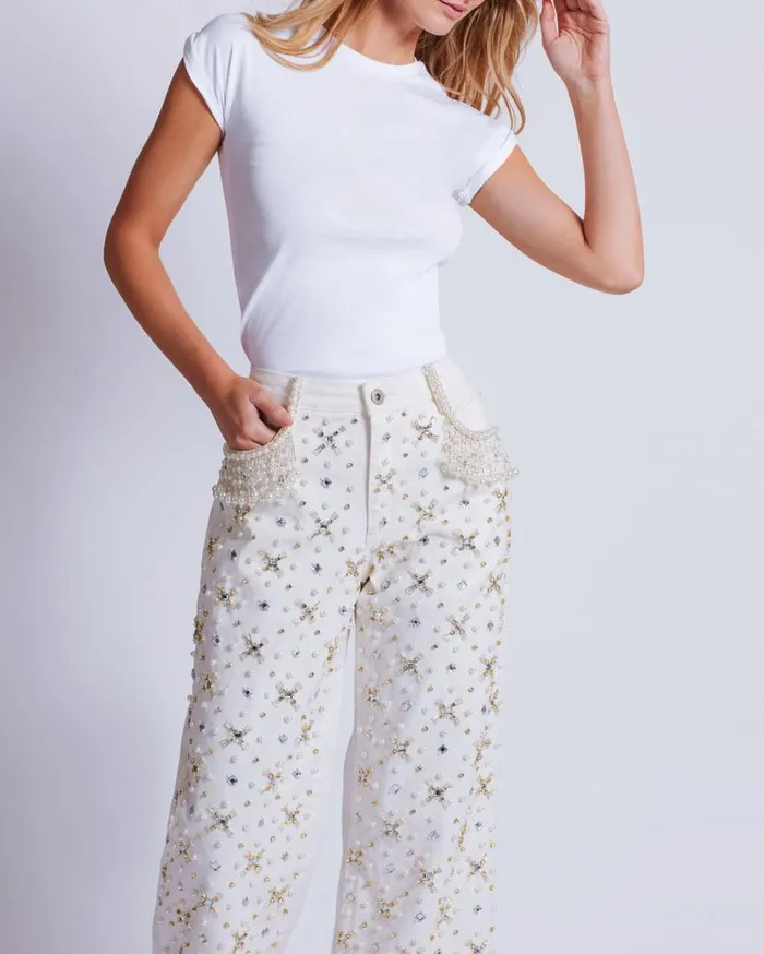 Ready To Wear Beaded Wide Leg Jeans PatBO Bottoms