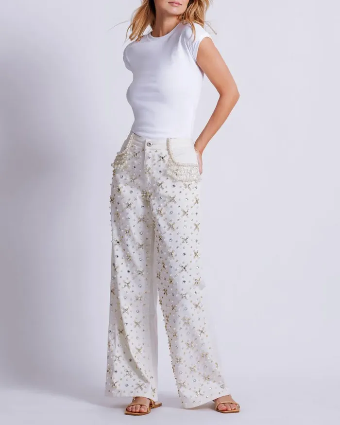 Ready To Wear Beaded Wide Leg Jeans PatBO Bottoms