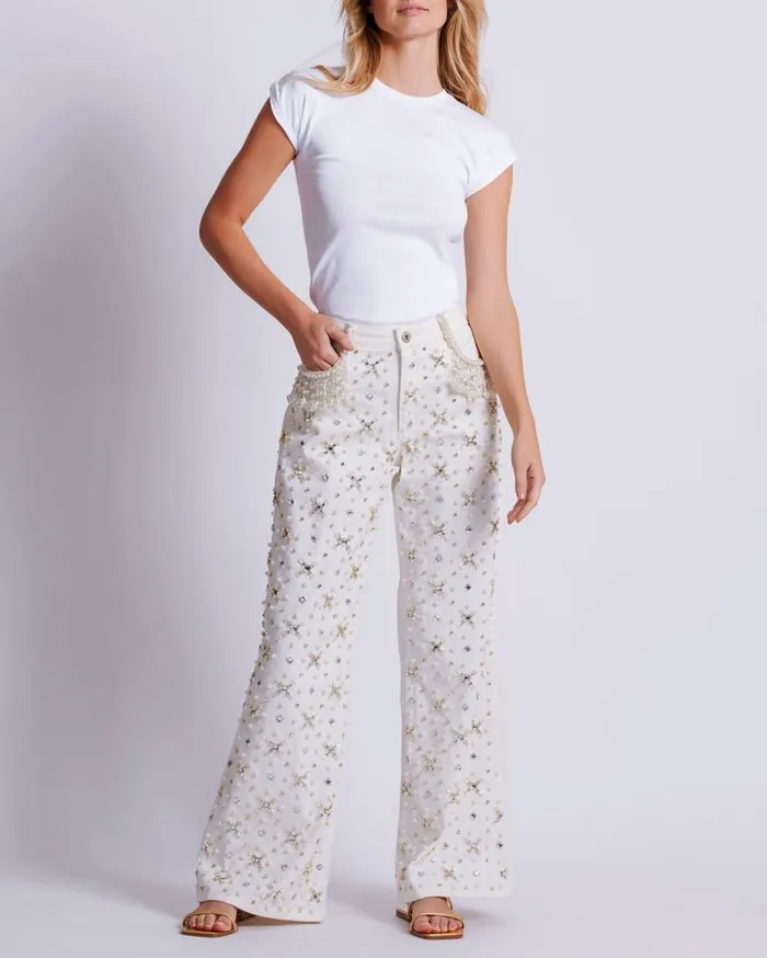 Ready To Wear Beaded Wide Leg Jeans PatBO Bottoms