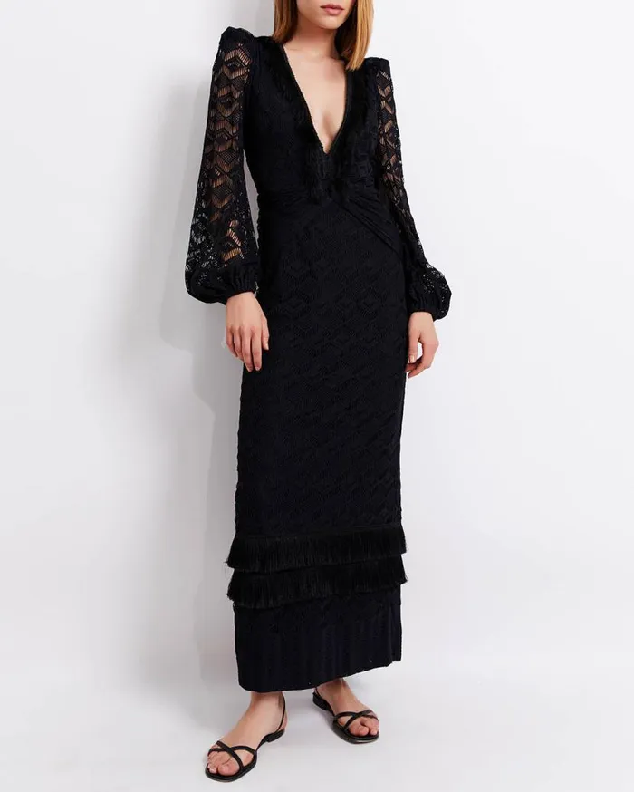 Ready To Wear Crochet Plunge Fringe Trim Maxi PatBO Dresses and Jumpsuits