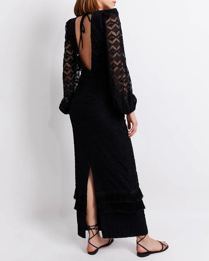 Ready To Wear Crochet Plunge Fringe Trim Maxi PatBO Dresses and Jumpsuits