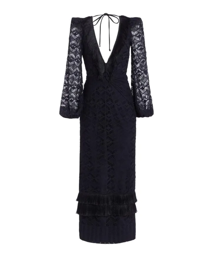 Ready To Wear Crochet Plunge Fringe Trim Maxi PatBO Dresses and Jumpsuits