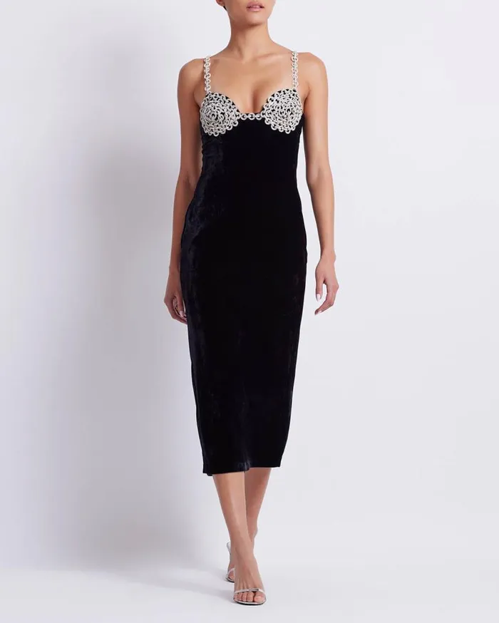 Ready To Wear Crystal Chain Velvet Midi Dress FINAL SALE PatBO Dresses and Jumpsuits Ready To Wear Crystal Chain Velvet Midi Dress FINAL SALE PatBO Dresses and Jumpsuits
