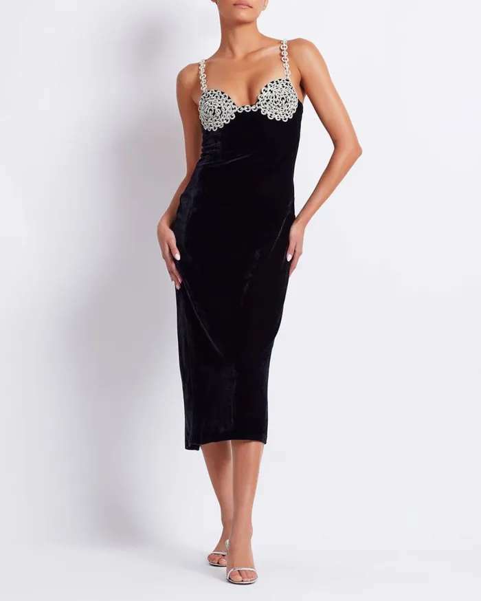 Ready To Wear Crystal Chain Velvet Midi Dress FINAL SALE PatBO Dresses and Jumpsuits