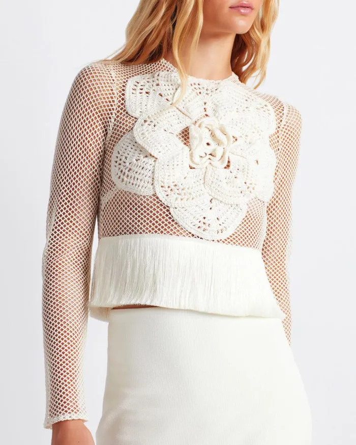Ready To Wear Embroidered Crochet Top PatBO Tops and Bodysuits