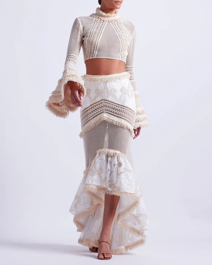 Ready To Wear Fluted Lace Maxi Skirt RUNWAY PatBO Bottoms