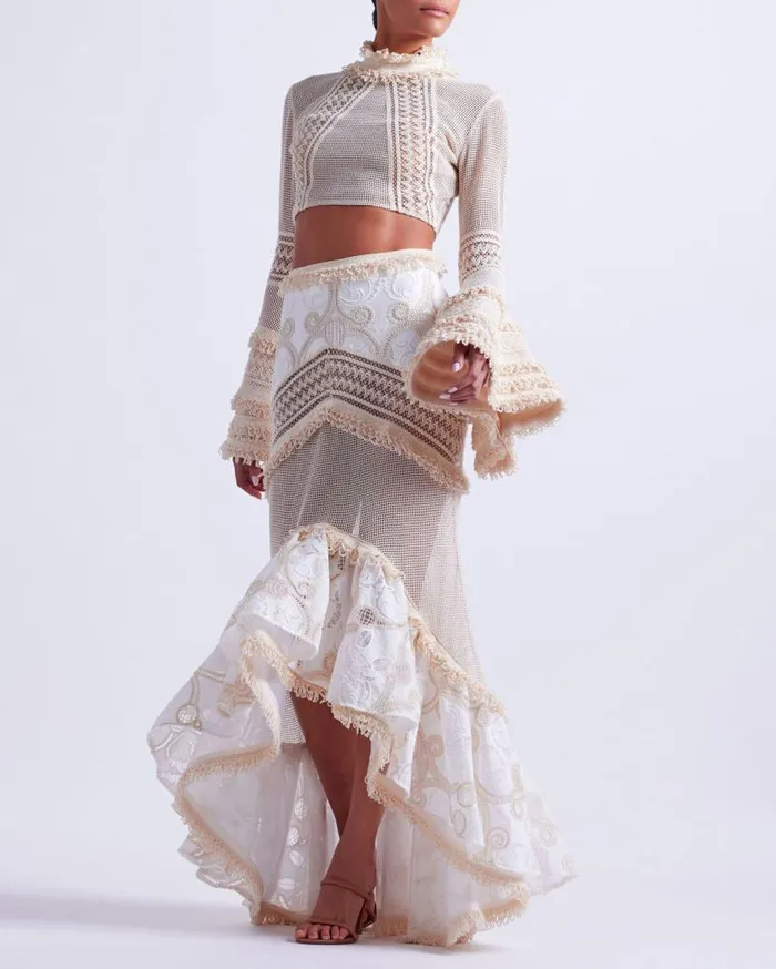 Ready To Wear Fluted Lace Maxi Skirt RUNWAY PatBO Bottoms