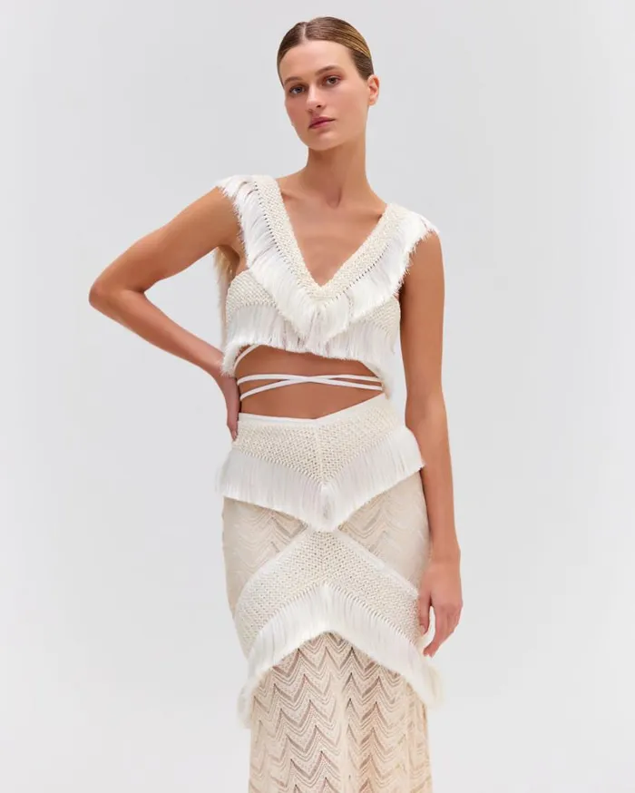 Ready To Wear Fringe Trim Cropped Top PatBO Tops and Bodysuits