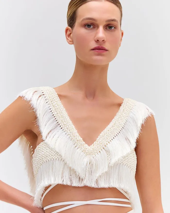 Ready To Wear Fringe Trim Cropped Top PatBO Tops and Bodysuits