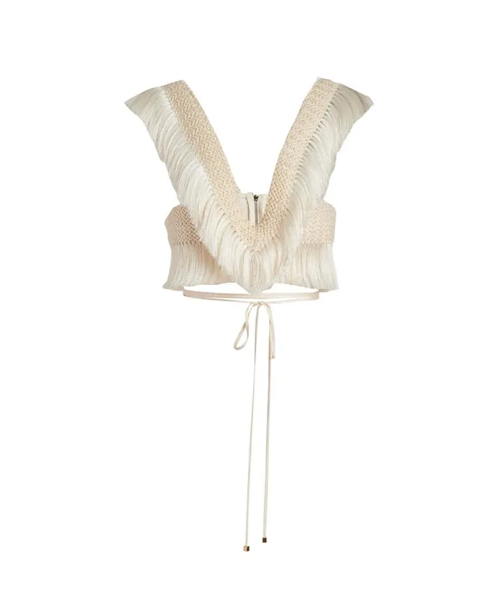 Ready To Wear Fringe Trim Cropped Top PatBO Tops and Bodysuits