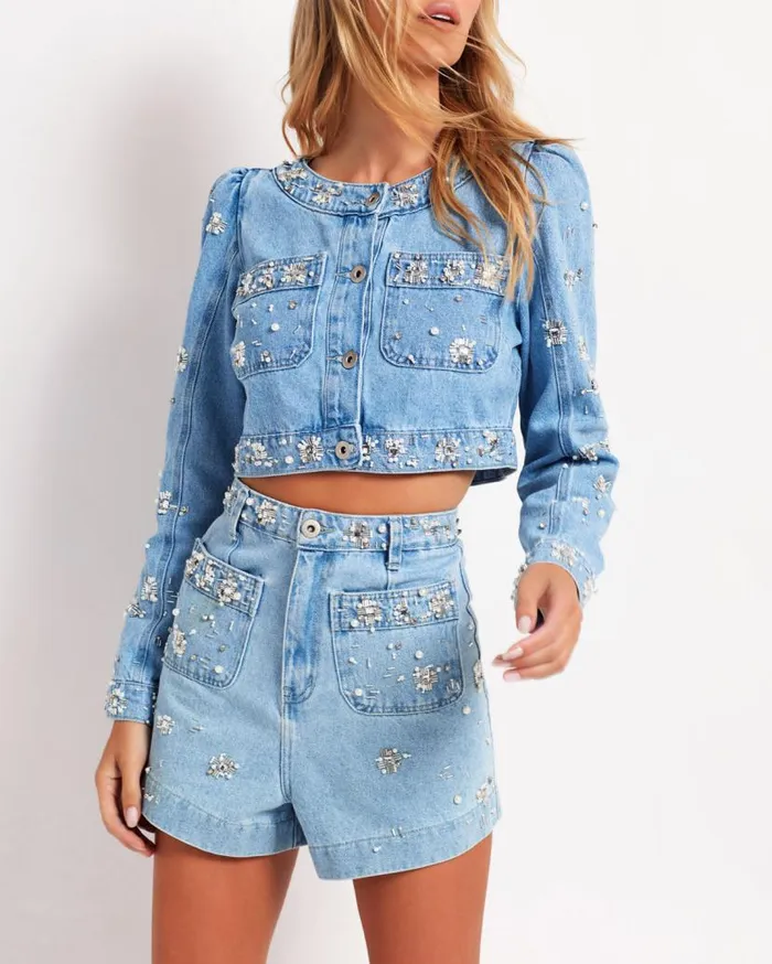 Ready To Wear HandBeaded Cropped Denim Jacket PatBO Jackets