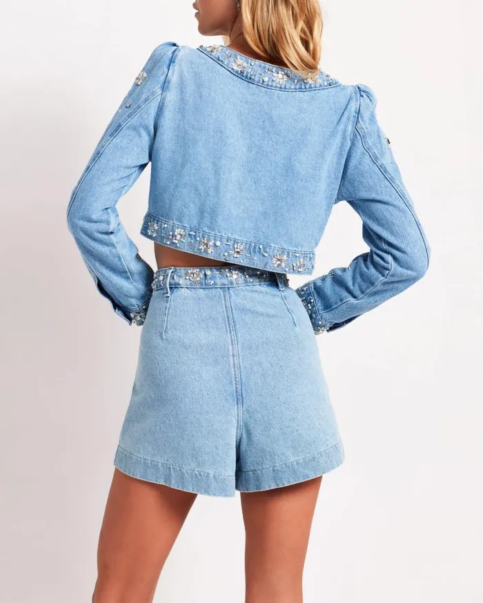 Ready To Wear HandBeaded Cropped Denim Jacket PatBO Jackets
