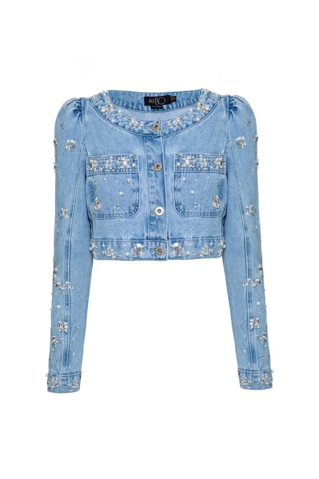 Ready To Wear HandBeaded Cropped Denim Jacket PatBO Jackets