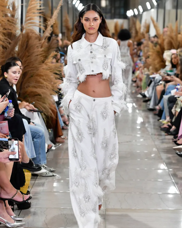 Ready To Wear HandBeaded Denim And Feather Jeans RUNWAY PatBO Bottoms