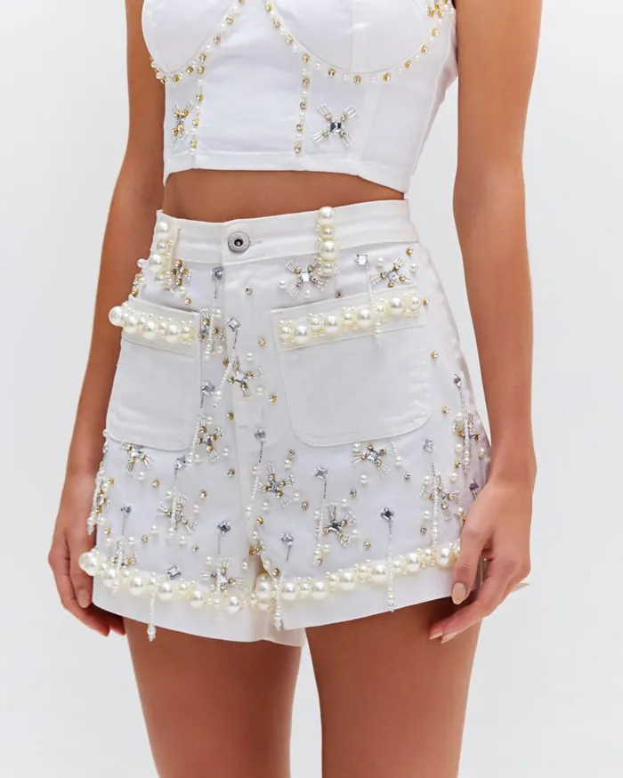 Ready To Wear HandBeaded Denim Shorts PatBO Bottoms