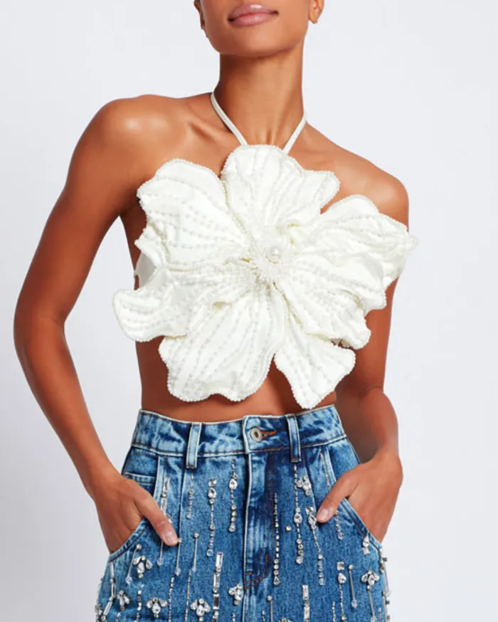 Ready To Wear HANDBEADED FLOWER TOP PatBO Tops and Bodysuits