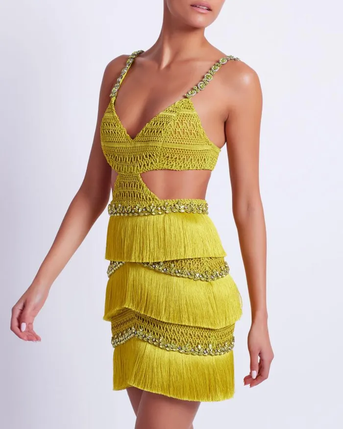 Ready To Wear HANDBEADED FRINGE MINI DRESS PatBO Dresses and Jumpsuits
