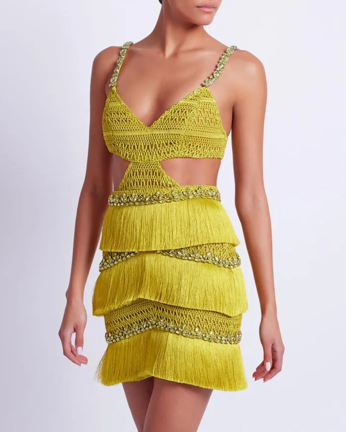 Ready To Wear HANDBEADED FRINGE MINI DRESS PatBO Dresses and Jumpsuits