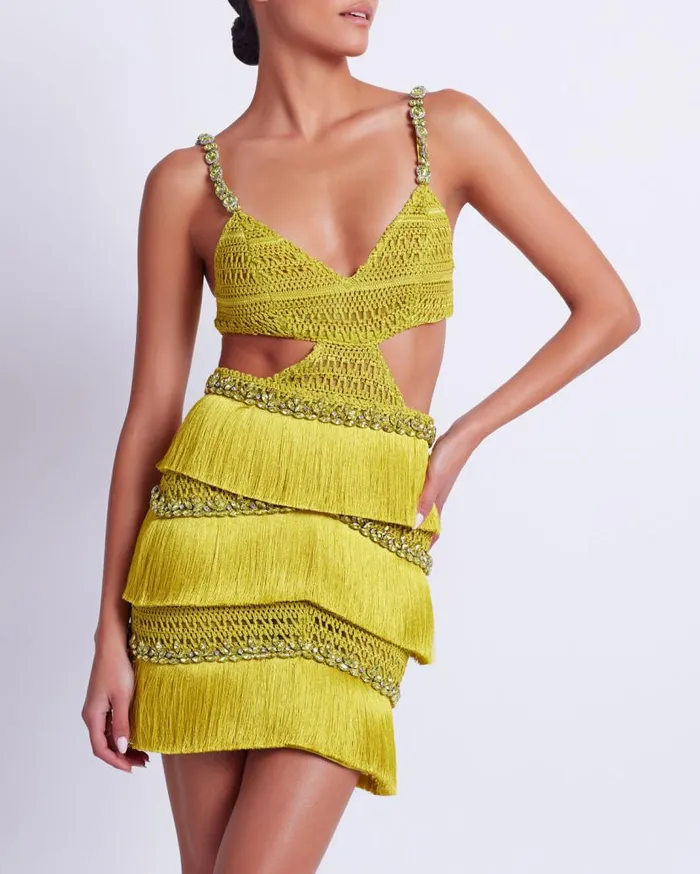 Ready To Wear HANDBEADED FRINGE MINI DRESS PatBO Dresses and Jumpsuits