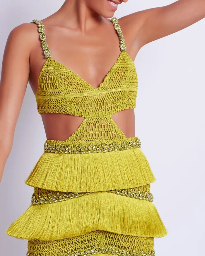 Ready To Wear HANDBEADED FRINGE MINI DRESS PatBO Dresses and Jumpsuits