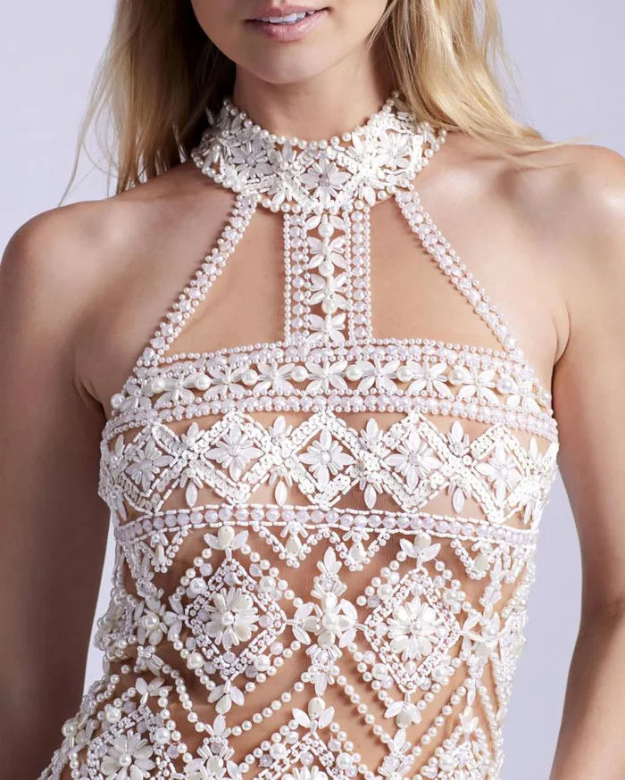 Ready To Wear HandBeaded High Neck Mini Dress EXCLUSIVE PatBO Dresses and Jumpsuits