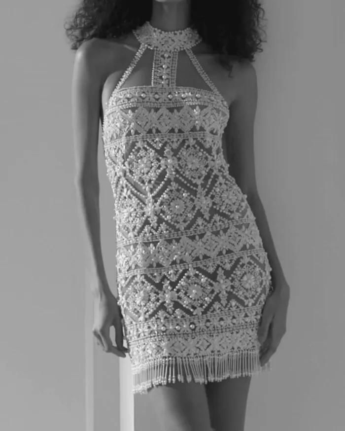 Ready To Wear HandBeaded High Neck Mini Dress EXCLUSIVE PatBO Dresses and Jumpsuits