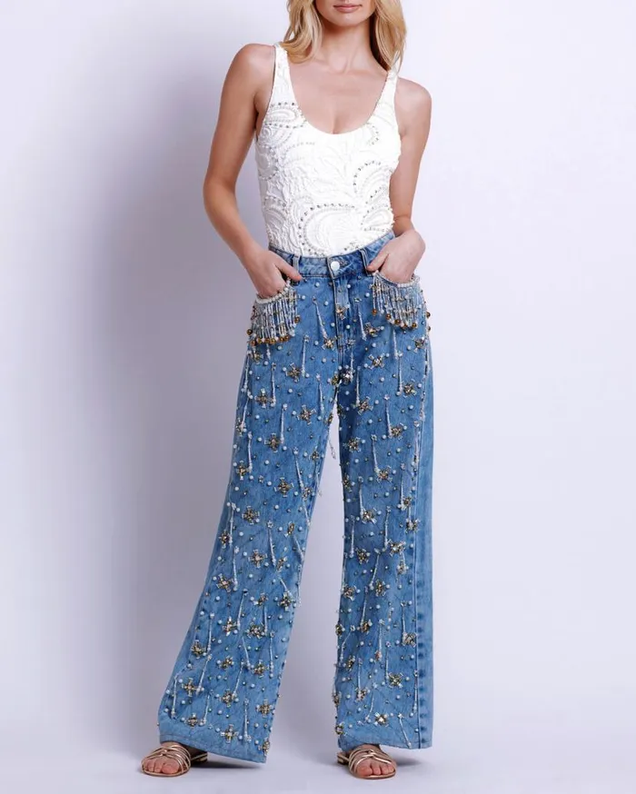 Ready To Wear HANDBEADED HIGH WAIST JEANS FINAL SALE PatBO Bottoms