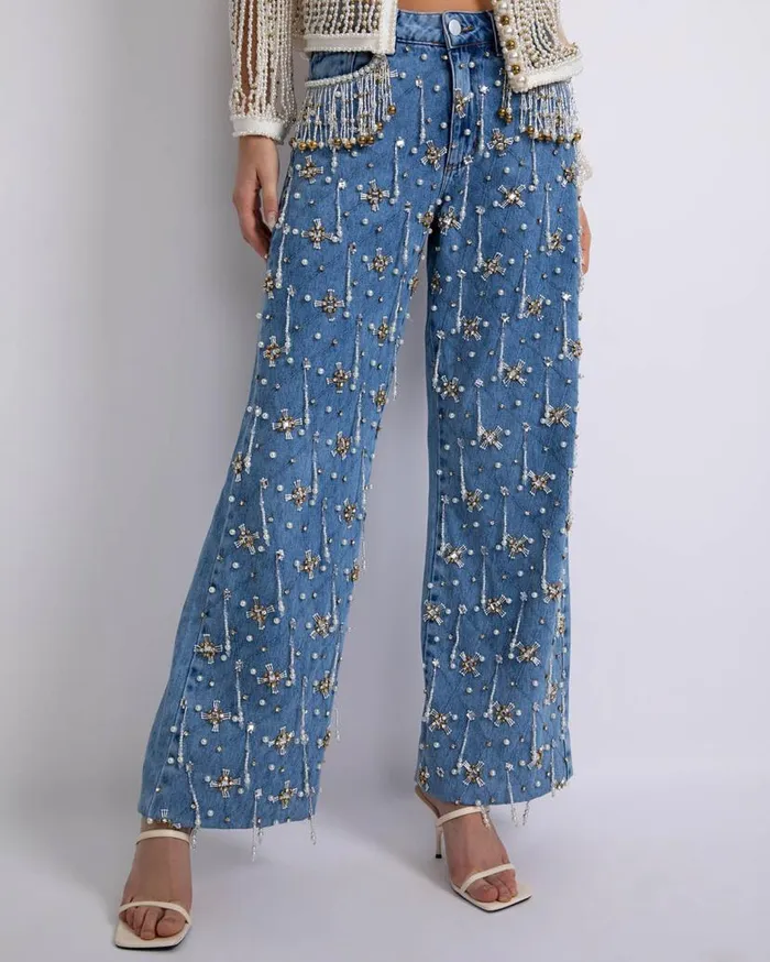Ready To Wear HANDBEADED HIGH WAIST JEANS FINAL SALE PatBO Bottoms