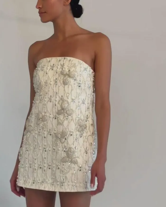 Ready To Wear HandBeaded Satin Mini Dress EXCLUSIVE PatBO Dresses and Jumpsuits