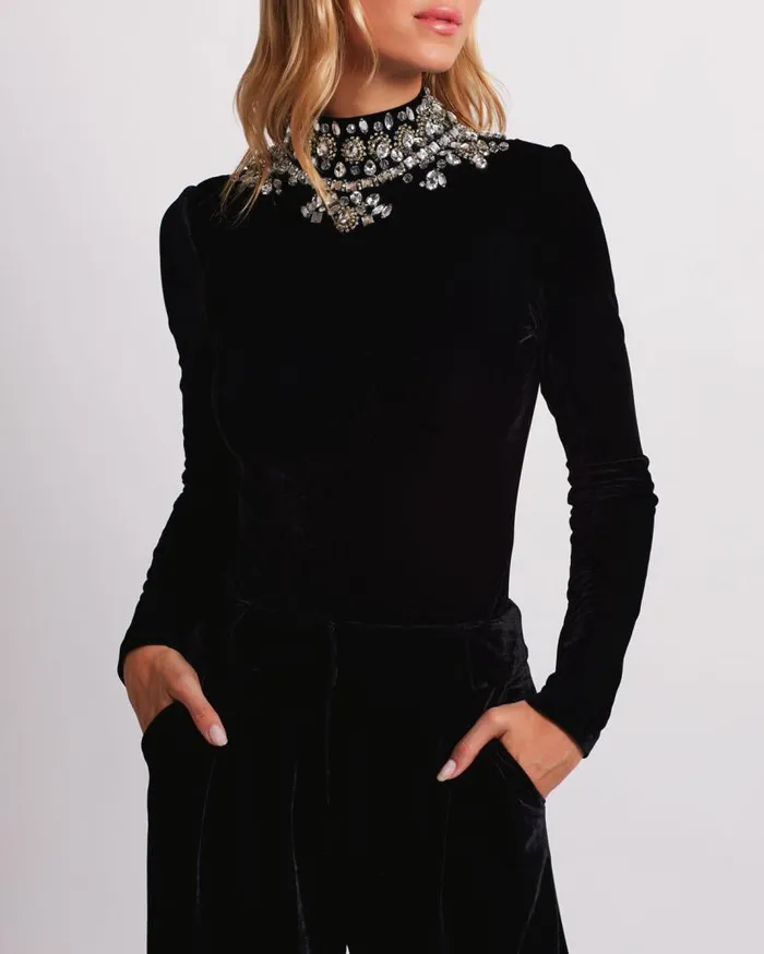 Ready To Wear HandBeaded Velvet Bodysuit FINAL SALE PatBO Tops and Bodysuits
