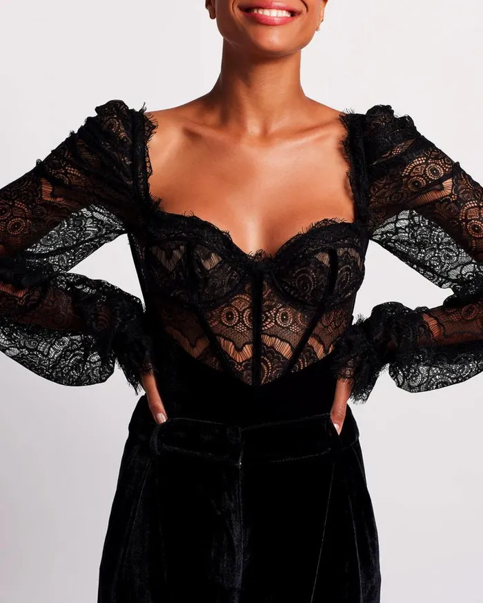 Ready To Wear LACE AND VELVET BODYSUIT PatBO Tops and Bodysuits