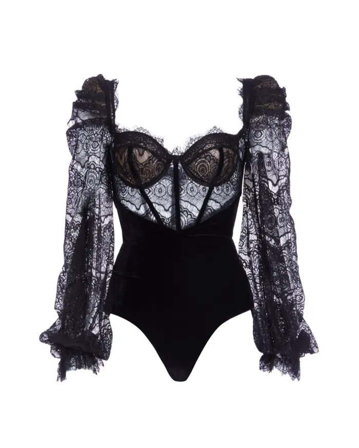 Ready To Wear LACE AND VELVET BODYSUIT PatBO Tops and Bodysuits