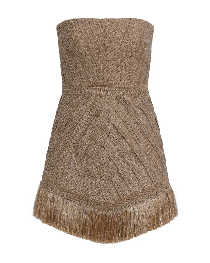 Ready To Wear Metallic Fringe Strapless Mini Dress PatBO Dresses and Jumpsuits