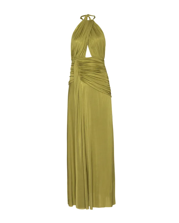 Ready To Wear Metallic Jersey Halterneck Maxi Dress PatBO Dresses and Jumpsuits
