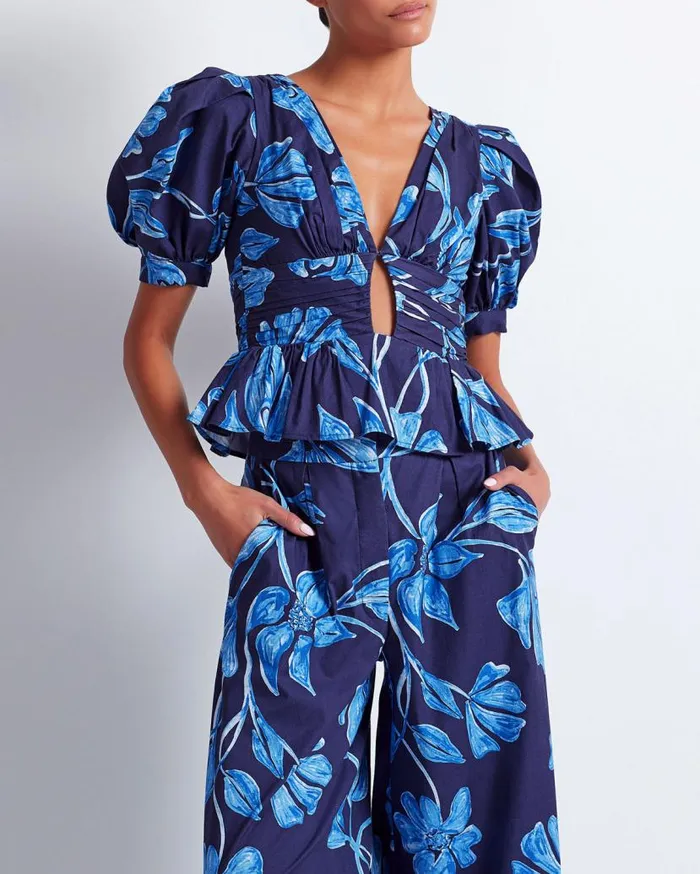 Ready To Wear Nightflower Cotton Peplum Top FINAL SALE PatBO Tops and Bodysuits Ready To Wear Nightflower Cotton Peplum Top FINAL SALE PatBO Tops and Bodysuits