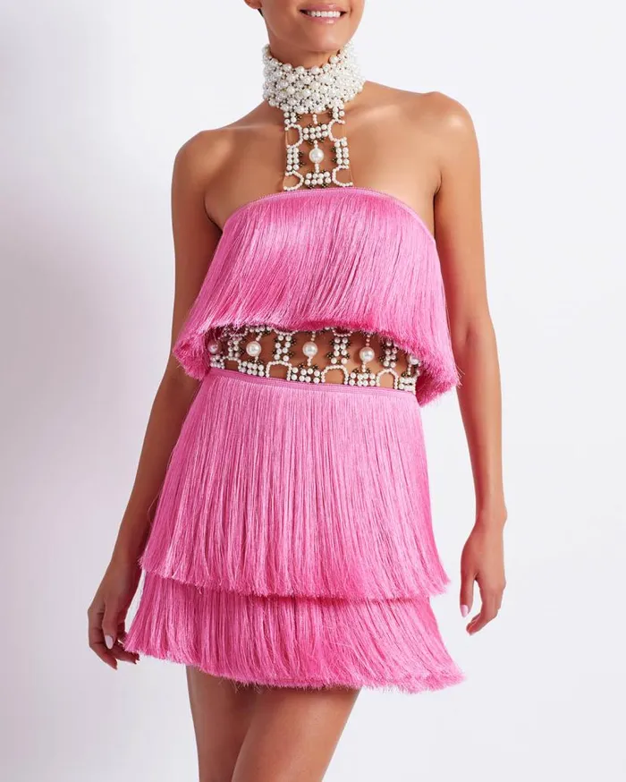 Ready To Wear Pearl And Fringe Halterneck Mini Dress EXCLUSIVE PatBO Dresses and Jumpsuits Ready To Wear Pearl And Fringe Halterneck Mini Dress EXCLUSIVE PatBO Dresses and Jumpsuits