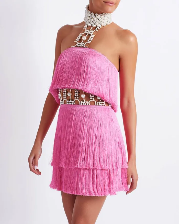 Ready To Wear Pearl And Fringe Halterneck Mini Dress EXCLUSIVE PatBO Dresses and Jumpsuits