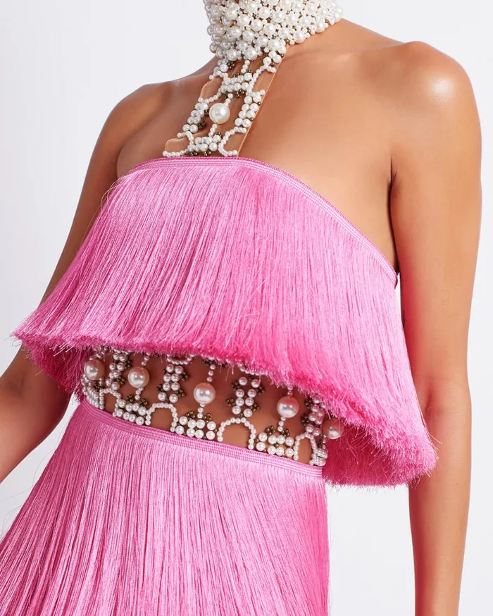 Ready To Wear Pearl And Fringe Halterneck Mini Dress EXCLUSIVE PatBO Dresses and Jumpsuits