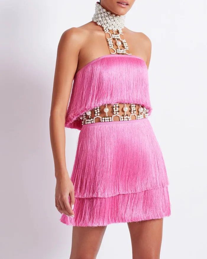Ready To Wear Pearl And Fringe Halterneck Mini Dress EXCLUSIVE PatBO Dresses and Jumpsuits