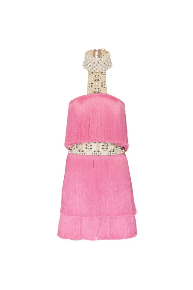 Ready To Wear Pearl And Fringe Halterneck Mini Dress EXCLUSIVE PatBO Dresses and Jumpsuits