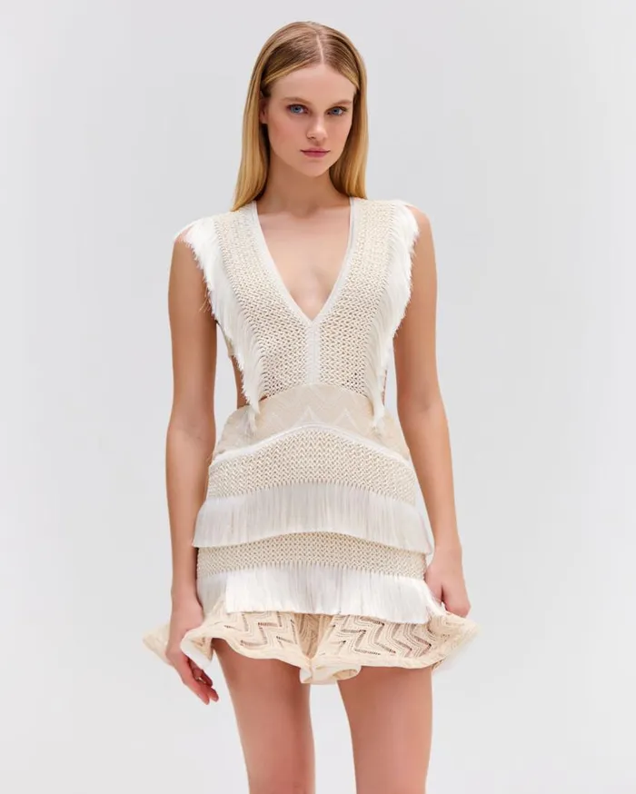 Ready To Wear Plunge Fringe Trim Mini Dress PatBO Dresses and Jumpsuits