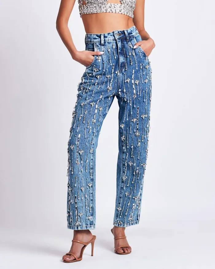 Ready To Wear Rhinestone Beaded Jeans PatBO Bottoms