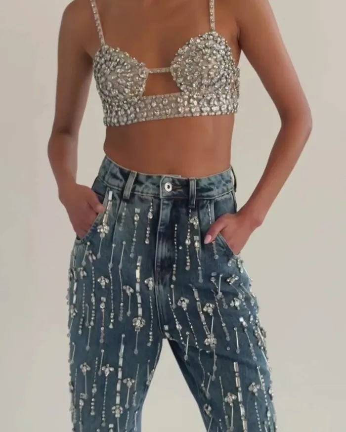 Ready To Wear Rhinestone Beaded Jeans PatBO Bottoms