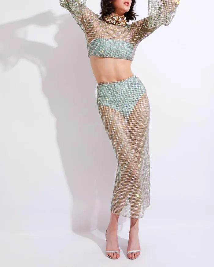 Ready To Wear RhinestoneNetted Midi Skirt FINAL SALE PatBO Bottoms