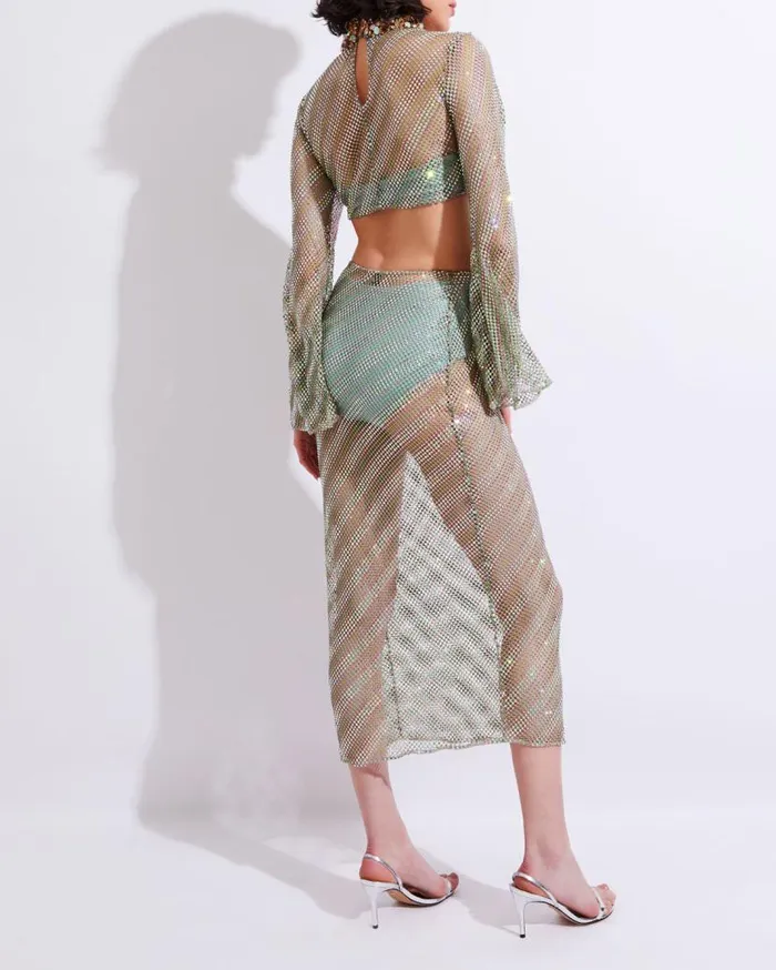 Ready To Wear RhinestoneNetted Midi Skirt FINAL SALE PatBO Bottoms