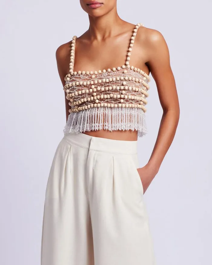 Ready To Wear Wood And Crystal Beaded Top RUNWAY PatBO Tops and Bodysuits