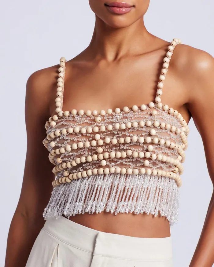 Ready To Wear Wood And Crystal Beaded Top RUNWAY PatBO Tops and Bodysuits